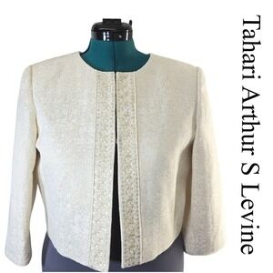 Tahari Arthur S. Levine Petite Cream Gold Metallic Sequined Cropped Jacket 10P